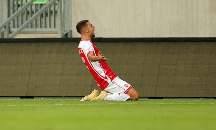 Crvena Zvezda v Hapoel Beer Sheva, UEFA Champions League third qualifying round, first leg, Season 2026 2027 Szombathely, Hungary. 4th August, 2026. Hapoel s Zahi Ahmad celebrates goal during the UEFA Champions League third qualifying round, first leg football match between Crvena Zvezda (Red Star) and Hapoel Be er Sheva at the Haladas Stadium on August 4, 2026 in Szombathely, Hungary. Szombathely Hungary Copyright: xPedjaxMilosavljevicx x