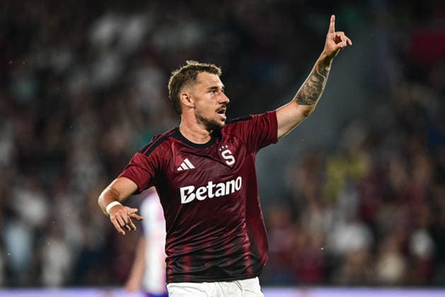Matej Rynes of Sparta celebrates a goal during the 1st leg, 3rd qualifying round match of the Football Champions League between Sparta Praha and Olympique Lyon, on August 4, 2026, in Prague, Czech Republic. (CTKxPhoto OndrejxDeml) CTKPhotoP2026080407017  CTKPhotoP2026080407017