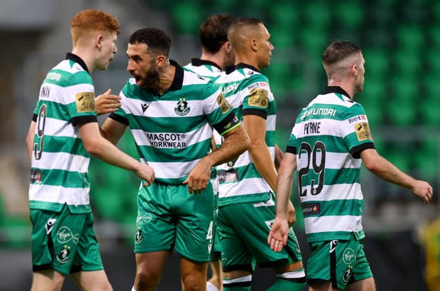 UEFA Europa League Third Qualifying Round First Leg, Tallaght Stadium, Dublin 4 8 2026 Shamrock Rovers vs KF Egnatia Shamrock Rovers Roberto Lopes celebrates Graham Burke s goal Roberto Lopes celebrates Graham Burke s goal 4 8 2026  Copyright: xx JR1W7044