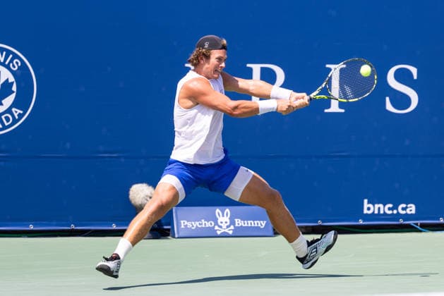 August 4, 2026, Montreal, Quebec, Canada: LIAM DRAXL from Canada backhand in match against Daniel Merida from Spain in first round at Canadian Open at IGA stadium in Montreal, Quebec, Canada on 2026-08-04 Montreal Canada - ZUMAl189 20260804_zsp_l189_060 Copyright: xYannickxLegarex