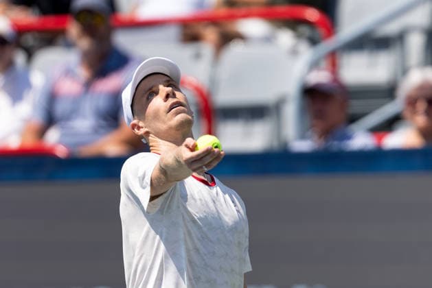 August 4, 2026, Montreal, Quebec, Canada: DENIS SHAPOVALOV from Canada serving in match against Zachary Svajda from USA in first round at Canadian Open at IGA stadium in Montreal, Quebec, Canada on 2026-08-04 Montreal Canada - ZUMAl189 20260804_zsp_l189_066 Copyright: xYannickxLegarex