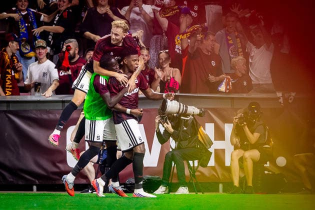 SPARTA PRAGUE - OLYMPIQUE LYONNAIS John Mercado of Sparta celebrates a goal with his teammates during the first leg of third qualifying round of UEFA Champions league football match between AC Sparta Praha and Olympique Lyonnais at the Epet arena Stadium Letna. Prague, Czechia, August 04, 2026. Photo by Branislav Racko Copyright: xx 080A6177