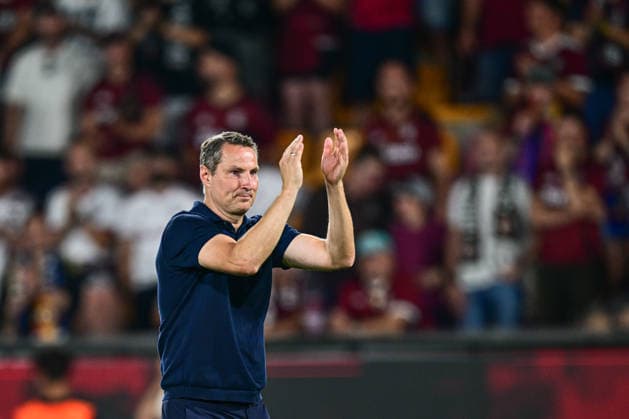 Sparta coach Brian Priske celebrates after winning the 1st leg, 3rd qualifying round match of the Football Champions League between Sparta Praha and Olympique Lyon, on August 4, 2026, in Prague, Czech Republic. (CTKxPhoto OndrejxDeml) CTKPhotoP2026080407253  CTKPhotoP2026080407253