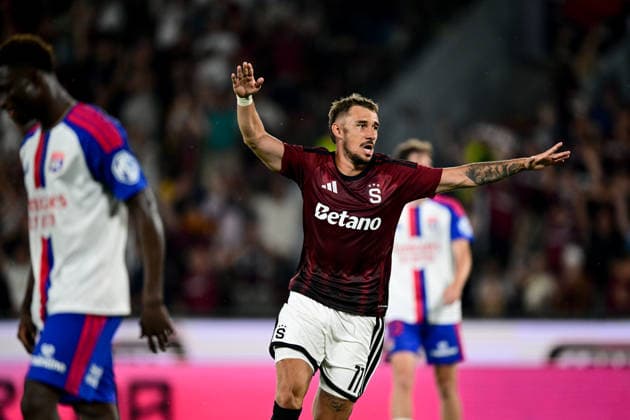 Matej Rynes of Sparta celebrates a goal during the 1st leg, 3rd qualifying round match of the Football Champions League between Sparta Praha and Olympique Lyon, on August 4, 2026, in Prague, Czech Republic. (CTKxPhoto OndrejxDeml) CTKPhotoP2026080407349  CTKPhotoP2026080407349
