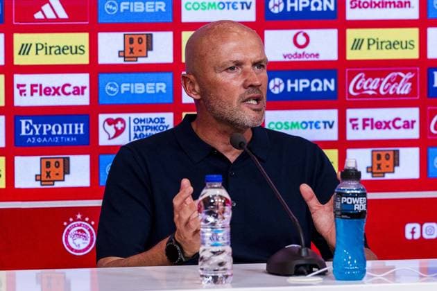 Athens , 04-08-2026 , Stadio Georgios Karaiskakis , third qualifying round of the Champions League , season 2026 2027 , Olympiakos - NEC , picture shows NEC coach Dick Schreuder press conference, PK, Pressekonferenz after the match final score 0-0. Olympiakos - NEC  x205454369x Copyright: