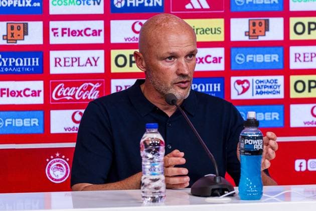 Athens , 04-08-2026 , Stadio Georgios Karaiskakis , third qualifying round of the Champions League , season 2026 2027 , Olympiakos - NEC , picture shows NEC coach Dick Schreuder press conference, PK, Pressekonferenz after the match final score 0-0. Olympiakos - NEC  x205454375x Copyright: