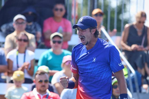 ATP, Tennis Herren Masters 1000 National Bank Open Montreal 2026 - Round of 64 - Day 4 Alexei Popyrin of Australia celebrates after a point during the Men™s Singles round of 64 match against Roman Andres Burruchaga of Argentina on day 4 of the ATP Masters1000 National Bank Open at IGA Stadium. on August 4, 2026, in Montreal, Canada. (Photo by Horacio Zamora Eyepix Group) Copyright: xHoracioxZamorax xEyepixxGroupx HZ_04082026_193807