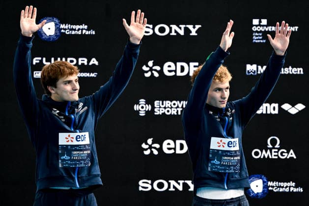 Simone Conte, Raffaele Pelligra of Italy celebrate after winning the silver medal in the diving 10m Platform Synchro Men Final during the European Aquatics Championships at the Olympic Aquatic Center in Paris (France), August 4, 2026. Andrea Masini Deepbluemedia Insidefoto