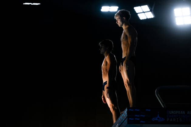 Simone Conte, Raffaele Pelligra of Italy compete in the diving 10m Platform Synchro Men Final during the European Aquatics Championships at the Olympic Aquatic Center in Paris (France), August 4, 2026. Andrea Staccioli