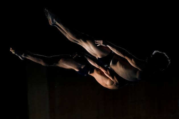 Simone Conte, Raffaele Pelligra of Italy compete in the diving 10m Platform Synchro Men Final during the European Aquatics Championships at the Olympic Aquatic Center in Paris (France), August 4, 2026. Andrea Staccioli