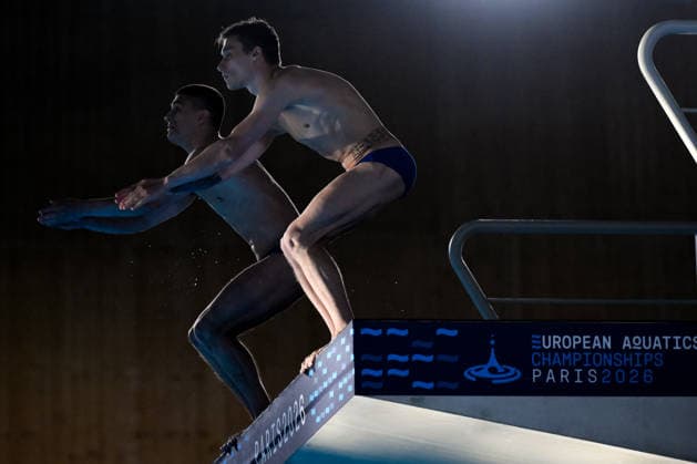Nikita Shleikher, Ruslan Ternovoi Neutral Athletes B compete in the diving 10m Platform Synchro Men Final during the European Aquatics Championships at the Olympic Aquatic Center in Paris (France), August 4, 2026. Andrea Staccioli