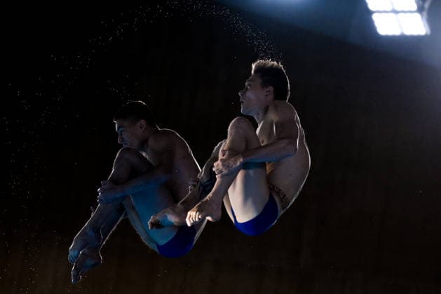 Nikita Shleikher, Ruslan Ternovoi Neutral Athletes B compete in the diving 10m Platform Synchro Men Final during the European Aquatics Championships at the Olympic Aquatic Center in Paris (France), August 4, 2026. Andrea Staccioli