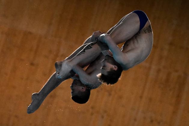 Nikita Shleikher, Ruslan Ternovoi Neutral Athletes B compete in the diving 10m Platform Synchro Men Final during the European Aquatics Championships at the Olympic Aquatic Center in Paris (France), August 4, 2026. Andrea Staccioli