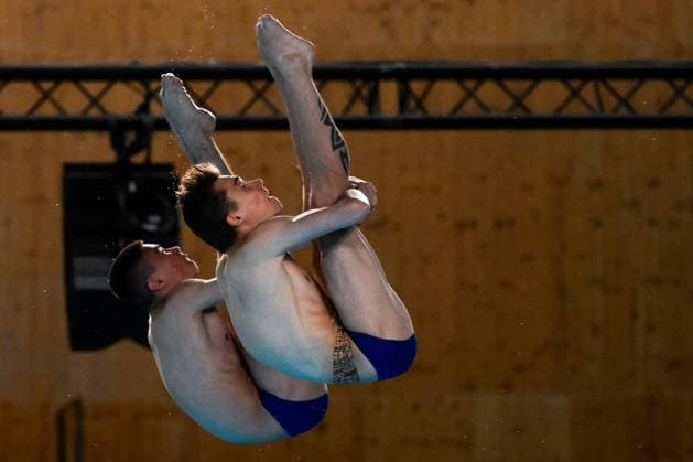 Nikita Shleikher, Ruslan Ternovoi Neutral Athletes B compete in the diving 10m Platform Synchro Men Final during the European Aquatics Championships at the Olympic Aquatic Center in Paris (France), August 4, 2026. Andrea Staccioli