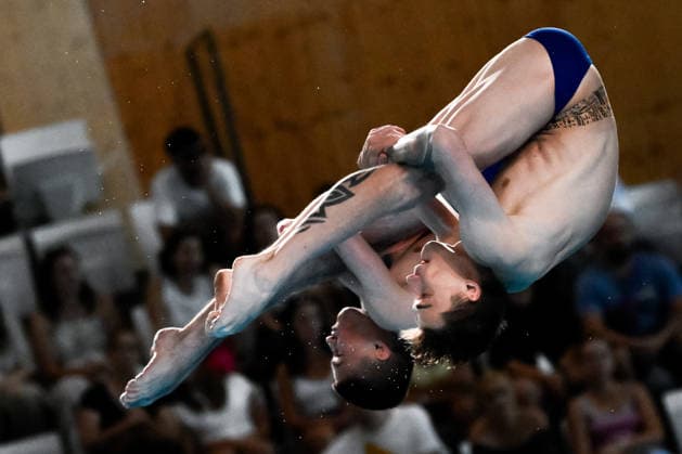 Nikita Shleikher, Ruslan Ternovoi Neutral Athletes B compete in the diving 10m Platform Synchro Men Final during the European Aquatics Championships at the Olympic Aquatic Center in Paris (France), August 4, 2026. Andrea Staccioli