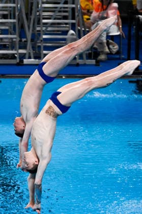 Nikita Shleikher, Ruslan Ternovoi Neutral Athletes B compete in the diving 10m Platform Synchro Men Final during the European Aquatics Championships at the Olympic Aquatic Center in Paris (France), August 4, 2026. Andrea Staccioli