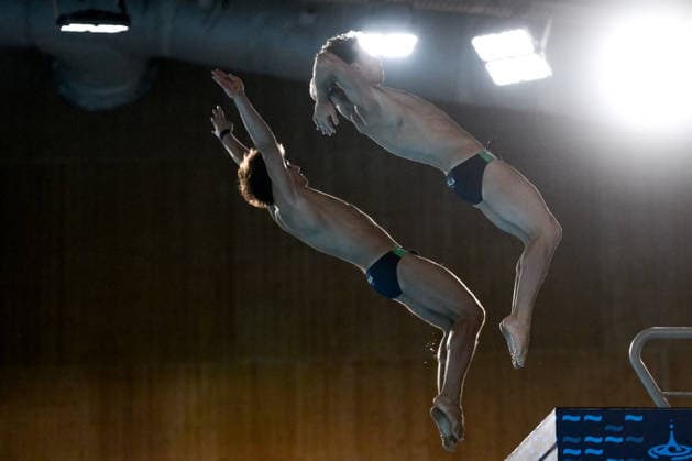 Simone Conte, Raffaele Pelligra of Italy compete in the diving 10m Platform Synchro Men Final during the European Aquatics Championships at the Olympic Aquatic Center in Paris (France), August 4, 2026. Andrea Staccioli