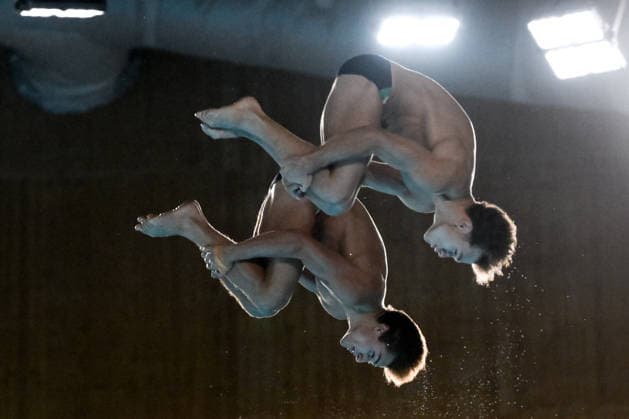 Simone Conte, Raffaele Pelligra of Italy compete in the diving 10m Platform Synchro Men Final during the European Aquatics Championships at the Olympic Aquatic Center in Paris (France), August 4, 2026. Andrea Staccioli