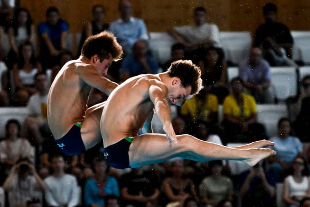 Simone Conte, Raffaele Pelligra of Italy compete in the diving 10m Platform Synchro Men Final during the European Aquatics Championships at the Olympic Aquatic Center in Paris (France), August 4, 2026. Andrea Staccioli