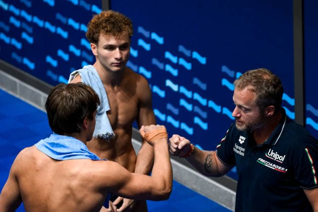 Simone Conte, Raffaele Pelligra of Italy react after competing in the diving 10m Platform Synchro Men Final with Tommaso Marconi during the European Aquatics Championships at the Olympic Aquatic Center in Paris (France), August 4, 2026. Andrea Staccioli