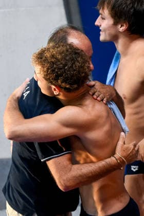 Oscar Bertone, Simone Conte, Raffaele Pelligra of Italy celebrate after winning the silver medal in the diving 10m Platform Synchro Men Final during the European Aquatics Championships at the Olympic Aquatic Center in Paris (France), August 4, 2026. Andrea Staccioli