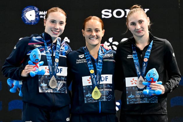 Yasmin Harper of Great Britain, silver, Chiara Pellacani of Italy, gold, Nadezhda Trifonova Neutral Athlete B, bronze attend the medal ceremony of the diving 3m Springboard Women Final during the European Aquatics Championships at the Olympic Aquatic Center in Paris (France), August 4, 2026. Andrea Masini Deepbluemedia Insidefoto