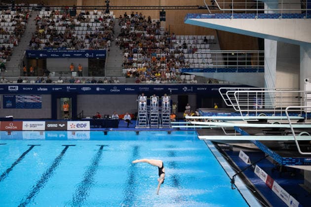 Women 3m springboard diving final European Aquatics Championships - Saint-Denis Athlete competes in the women’s 3m springboard diving final event during the LEN European Aquatics Championships, at the Olympic Aquatics Centre in Saint-Denis, northeastern suburbs of Paris, on August 4, 2026. Photo by Raphael Lafargue ABACAPRESS.COM Saint-Denis France  Copyright: xLafarguexRaphael ABACAx