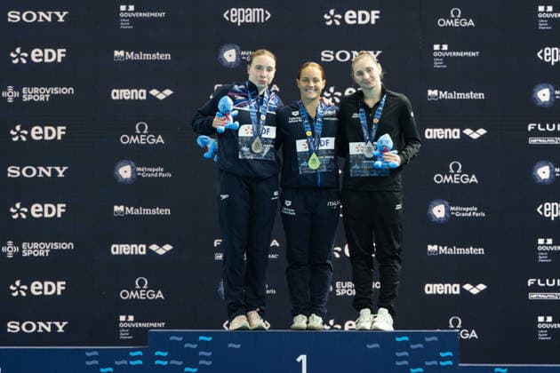 Women 3m springboard diving final European Aquatics Championships - Saint-Denis Silver medallist Britain s diver Yasmin Harper, Gold medallist Italy s diver Chiara Pellacani and Bronze medallist Neutral Athletes diver Nadezhda Trifonova celebrate on the podium following the women’s 3m springboard diving final event during the LEN European Aquatics Championships, at the Olympic Aquatics Centre in Saint-Denis, northeastern suburbs of Paris, on August 4, 2026. Photo by Raphael Lafargue ABACAPRESS.COM Saint-Denis France  Copyright: xLafarguexRaphael ABACAx