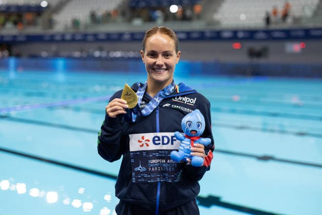 Women 3m springboard diving final European Aquatics Championships - Saint-Denis Italy s diver Chiara Pellacani poses with her gold medal after she competes in the women’s 3m springboard diving final event during the LEN European Aquatics Championships, at the Olympic Aquatics Centre in Saint-Denis, northeastern suburbs of Paris, on August 4, 2026. Photo by Raphael Lafargue ABACAPRESS.COM Saint-Denis France  Copyright: xLafarguexRaphael ABACAx