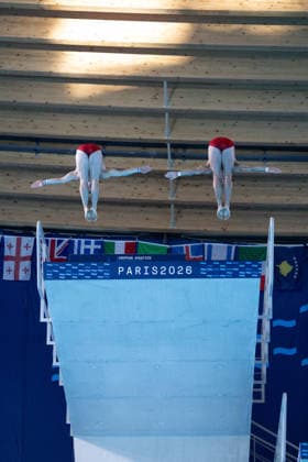 Men 10m platform synchro diving final European Aquatics Championships - Saint-Denis Austria s diver Anton Knoll and Austria s diver Dariush Lotfi compete in the men’s 10m platform synchro diving final event during the LEN European Aquatics Championships, at the Olympic Aquatics Centre in Saint-Denis, northeastern suburbs of Paris, on August 4, 2026. Photo by Raphael Lafargue ABACAPRESS.COM Saint-Denis France  Copyright: xLafarguexRaphael ABACAx