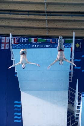 Men 10m platform synchro diving final European Aquatics Championships - Saint-Denis Austria s diver Anton Knoll and Austria s diver Dariush Lotfi compete in the men’s 10m platform synchro diving final event during the LEN European Aquatics Championships, at the Olympic Aquatics Centre in Saint-Denis, northeastern suburbs of Paris, on August 4, 2026. Photo by Raphael Lafargue ABACAPRESS.COM Saint-Denis France  Copyright: xLafarguexRaphael ABACAx