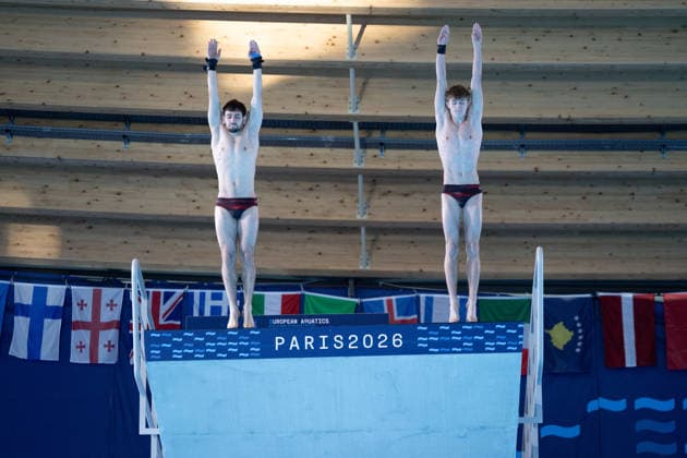 Men 10m platform synchro diving final European Aquatics Championships - Saint-Denis Neutral Athletes diver Alexandr Koloskov and Neutral Athletes diver Siarhei Malashonak compete in the men’s 10m platform synchro diving final event during the LEN European Aquatics Championships, at the Olympic Aquatics Centre in Saint-Denis, northeastern suburbs of Paris, on August 4, 2026. Photo by Raphael Lafargue ABACAPRESS.COM Saint-Denis France  Copyright: xLafarguexRaphael ABACAx