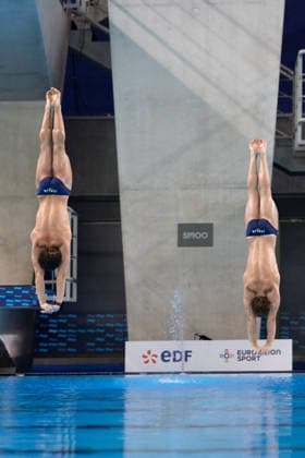 Men 10m platform synchro diving final European Aquatics Championships - Saint-Denis Italy s diver Simone Conte and Italy s diver Raffaele Pelligra compete in the men’s 10m platform synchro diving final event during the LEN European Aquatics Championships, at the Olympic Aquatics Centre in Saint-Denis, northeastern suburbs of Paris, on August 4, 2026. Photo by Raphael Lafargue ABACAPRESS.COM Saint-Denis France  Copyright: xLafarguexRaphael ABACAx