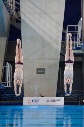Men 10m platform synchro diving final European Aquatics Championships - Saint-Denis Neutral Athletes diver Alexandr Koloskov and Neutral Athletes diver Siarhei Malashonak compete in the men’s 10m platform synchro diving final event during the LEN European Aquatics Championships, at the Olympic Aquatics Centre in Saint-Denis, northeastern suburbs of Paris, on August 4, 2026. Photo by Raphael Lafargue ABACAPRESS.COM Saint-Denis France  Copyright: xLafarguexRaphael ABACAx