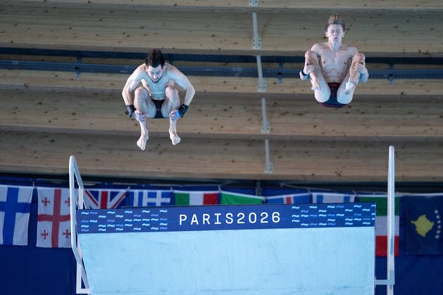 Men 10m platform synchro diving final European Aquatics Championships - Saint-Denis Neutral Athletes diver Alexandr Koloskov and Neutral Athletes diver Siarhei Malashonak compete in the men’s 10m platform synchro diving final event during the LEN European Aquatics Championships, at the Olympic Aquatics Centre in Saint-Denis, northeastern suburbs of Paris, on August 4, 2026. Photo by Raphael Lafargue ABACAPRESS.COM Saint-Denis France  Copyright: xLafarguexRaphael ABACAx