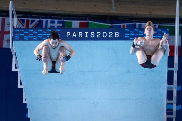Men 10m platform synchro diving final European Aquatics Championships - Saint-Denis Neutral Athletes diver Alexandr Koloskov and Neutral Athletes diver Siarhei Malashonak compete in the men’s 10m platform synchro diving final event during the LEN European Aquatics Championships, at the Olympic Aquatics Centre in Saint-Denis, northeastern suburbs of Paris, on August 4, 2026. Photo by Raphael Lafargue ABACAPRESS.COM Saint-Denis France  Copyright: xLafarguexRaphael ABACAx