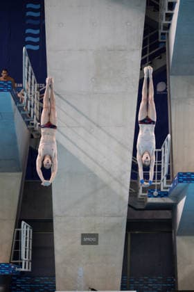Men 10m platform synchro diving final European Aquatics Championships - Saint-Denis Neutral Athletes diver Alexandr Koloskov and Neutral Athletes diver Siarhei Malashonak compete in the men’s 10m platform synchro diving final event during the LEN European Aquatics Championships, at the Olympic Aquatics Centre in Saint-Denis, northeastern suburbs of Paris, on August 4, 2026. Photo by Raphael Lafargue ABACAPRESS.COM Saint-Denis France  Copyright: xLafarguexRaphael ABACAx