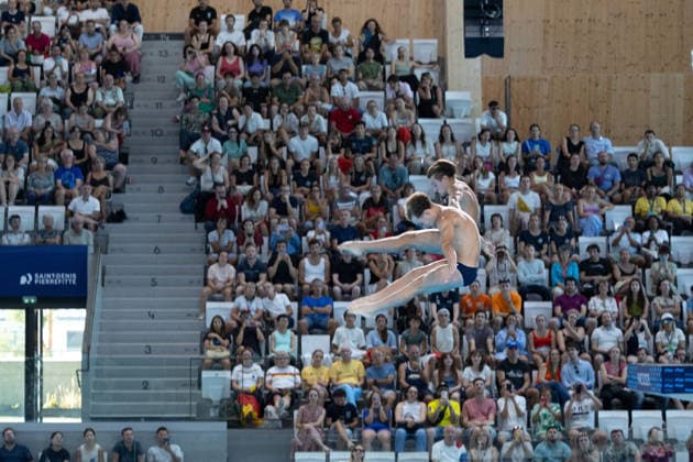 Men 10m platform synchro diving final European Aquatics Championships - Saint-Denis Divers compete in the men’s 10m platform synchro diving final event during the LEN European Aquatics Championships, at the Olympic Aquatics Centre in Saint-Denis, northeastern suburbs of Paris, on August 4, 2026. Photo by Raphael Lafargue ABACAPRESS.COM Saint-Denis France  Copyright: xLafarguexRaphael ABACAx