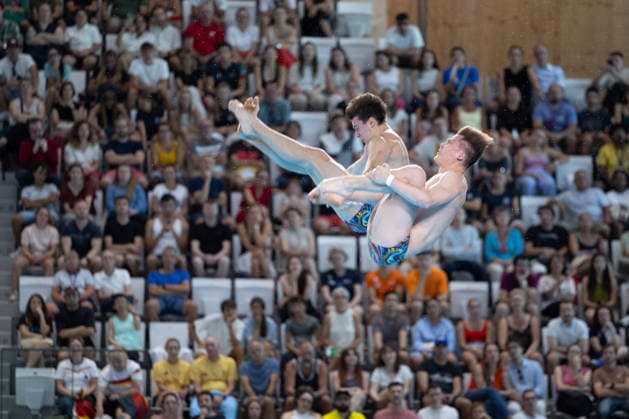 Men 10m platform synchro diving final European Aquatics Championships - Saint-Denis Divers compete in the men’s 10m platform synchro diving final event during the LEN European Aquatics Championships, at the Olympic Aquatics Centre in Saint-Denis, northeastern suburbs of Paris, on August 4, 2026. Photo by Raphael Lafargue ABACAPRESS.COM Saint-Denis France  Copyright: xLafarguexRaphael ABACAx