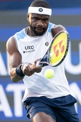 MONTREAL, QC - AUGUST 04: Frances Tiafoe from USA plays a backhand against Marin Cilic from Croatia during their singles second round match on day three of the ATP, Tennis Herren 1000 National Bank Open presented by Rogers at Stade IGA on August 4, 2026 in Montreal, Quebec, Canada. (Photo by Vincent Ethier Icon Sportswire) TENNIS: AUG 04 National Bank Open EDITORIAL USE ONLY Icon270804012