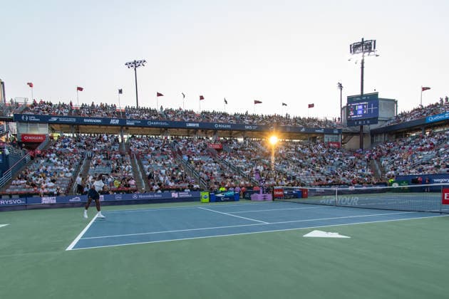 MONTREAL, QC - AUGUST 04: General view of IGA Stadium featuring Frances Tiafoe from USA against Marin Cilic from Croatia during their singles second round match on day three of the ATP, Tennis Herren 1000 National Bank Open presented by Rogers at Stade IGA on August 4, 2026 in Montreal, Quebec, Canada. (Photo by Vincent Ethier Icon Sportswire) TENNIS: AUG 04 National Bank Open EDITORIAL USE ONLY Icon270804016