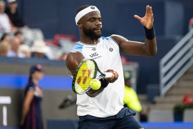 MONTREAL, QC - AUGUST 04: Frances Tiafoe from USA returns the ball against Marin Cilic from Croatia during their singles second round match on day three of the ATP, Tennis Herren 1000 National Bank Open presented by Rogers at Stade IGA on August 4, 2026 in Montreal, Quebec, Canada. (Photo by Vincent Ethier Icon Sportswire) TENNIS: AUG 04 National Bank Open EDITORIAL USE ONLY Icon270804022