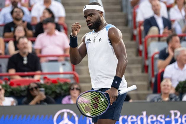 MONTREAL, QC - AUGUST 04: Frances Tiafoe from USA reacts against Marin Cilic from Croatia during their singles second round match on day three of the ATP, Tennis Herren 1000 National Bank Open presented by Rogers at Stade IGA on August 4, 2026 in Montreal, Quebec, Canada. (Photo by Vincent Ethier Icon Sportswire) TENNIS: AUG 04 National Bank Open EDITORIAL USE ONLY Icon270804023