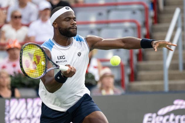 MONTREAL, QC - AUGUST 04: Frances Tiafoe from USA returns the ball against Marin Cilic from Croatia during their singles second round match on day three of the ATP, Tennis Herren 1000 National Bank Open presented by Rogers at Stade IGA on August 4, 2026 in Montreal, Quebec, Canada. (Photo by Vincent Ethier Icon Sportswire) TENNIS: AUG 04 National Bank Open EDITORIAL USE ONLY Icon270804024