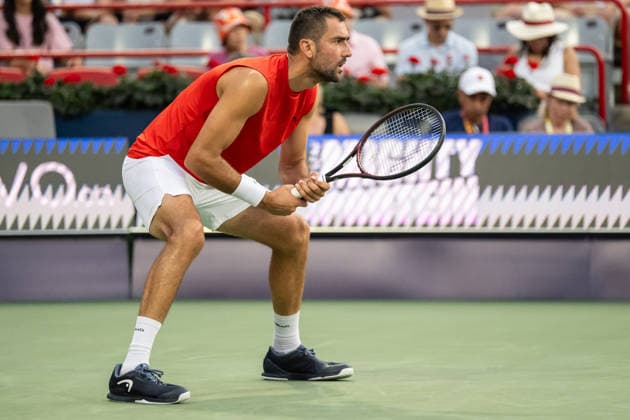 MONTREAL, QC - AUGUST 04: Marin Cilic from Croatia waits for the serve against Frances Tiafoe from USA during their singles second round match on day three of the ATP, Tennis Herren 1000 National Bank Open presented by Rogers at Stade IGA on August 4, 2026 in Montreal, Quebec, Canada. (Photo by Vincent Ethier Icon Sportswire) TENNIS: AUG 04 National Bank Open EDITORIAL USE ONLY Icon270804029