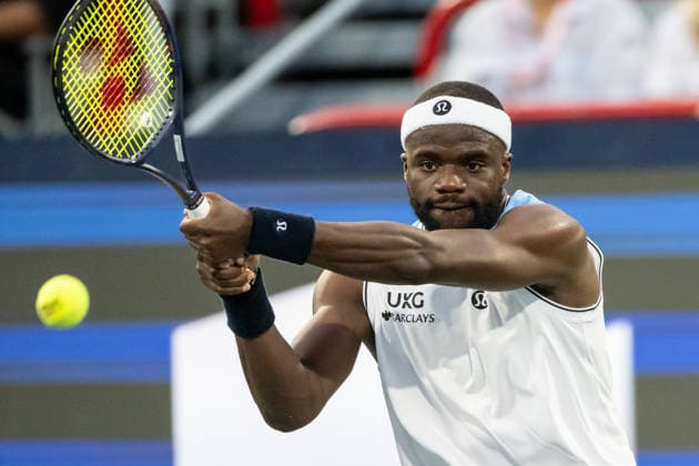 MONTREAL, QC - AUGUST 04: Frances Tiafoe from USA returns the ball against Marin Cilic from Croatia during their singles second round match on day three of the ATP, Tennis Herren 1000 National Bank Open presented by Rogers at Stade IGA on August 4, 2026 in Montreal, Quebec, Canada. (Photo by Vincent Ethier Icon Sportswire) TENNIS: AUG 04 National Bank Open EDITORIAL USE ONLY Icon270804066