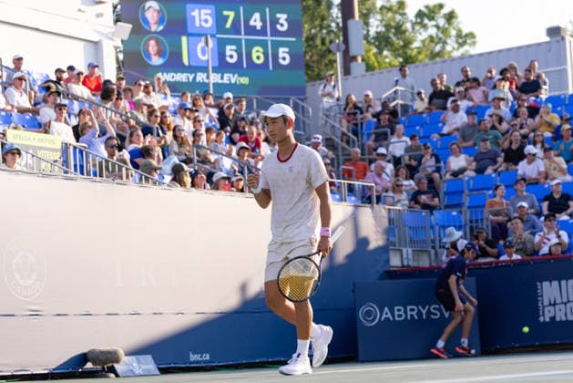 August 4, 2026, Montreal, Quebec, Canada: JUNCHENG SHANG from China reaction in match against Andrey Rublev (10) in second round at Canadian Open at IGA stadium in Montreal, Quebec, Canada on 2026-08-04 Montreal Canada - ZUMAl189 20260804_zsp_l189_104 Copyright: xYannickxLegarex