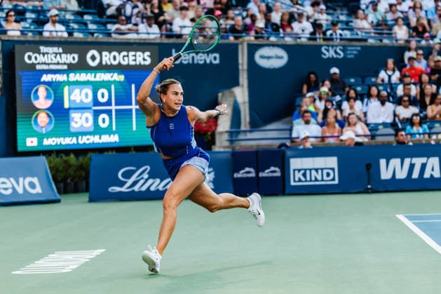 TORONTO, ON - AUGUST 04: Aryna Sabalenka (BLR) is seen in action during a women™s singles second-round match at the WTA, Tennis Damen 1000 National Bank Open on August 04, 2026 at Sobeys Stadium in Toronto, ON (Photo by Mathew Tsang Icon Sportswire) TENNIS: AUG 04 National Bank Open EDITORIAL USE ONLY Icon260804004