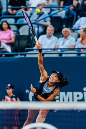 TORONTO, ON - AUGUST 04: Moyuka Uchijima (JPN) is seen in action during a women™s singles second-round match at the WTA, Tennis Damen 1000 National Bank Open on August 04, 2026 at Sobeys Stadium in Toronto, ON (Photo by Mathew Tsang Icon Sportswire) TENNIS: AUG 04 National Bank Open EDITORIAL USE ONLY Icon260804009