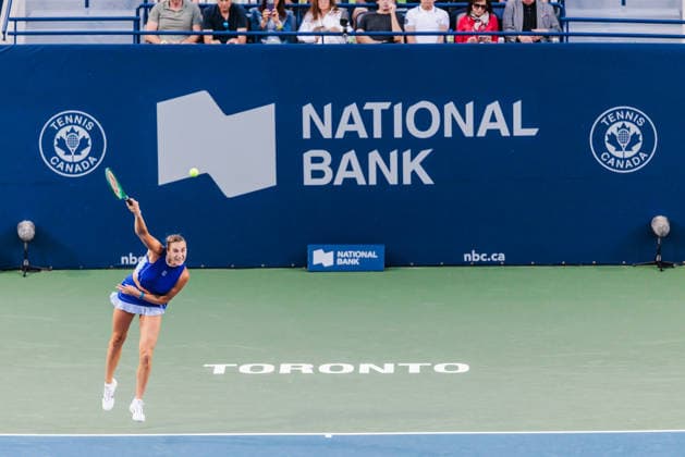 TORONTO, ON - AUGUST 04: Aryna Sabalenka (BLR) is seen in action during a women™s singles second-round match at the WTA, Tennis Damen 1000 National Bank Open on August 04, 2026 at Sobeys Stadium in Toronto, ON (Photo by Mathew Tsang Icon Sportswire) TENNIS: AUG 04 National Bank Open EDITORIAL USE ONLY Icon260804028